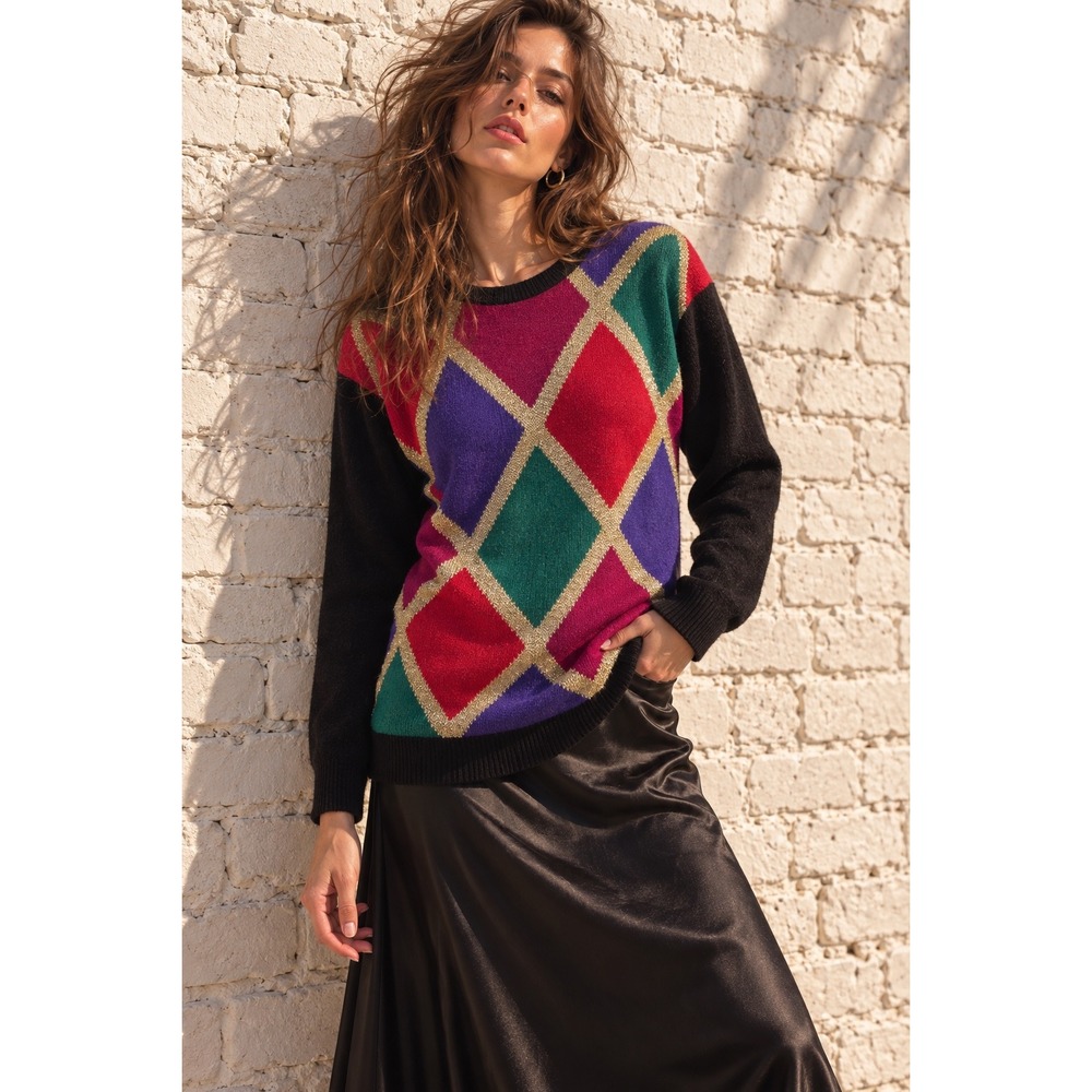 Vintage Erika Black Multi Silk Angora Diamond Knit Metallic Sweater Small